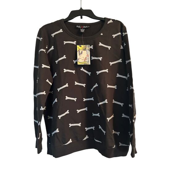 NWT Polly & Esther Women's Black Sweatshirt with All Over Skeleton Bone Print 2X - Picture 1 of 3